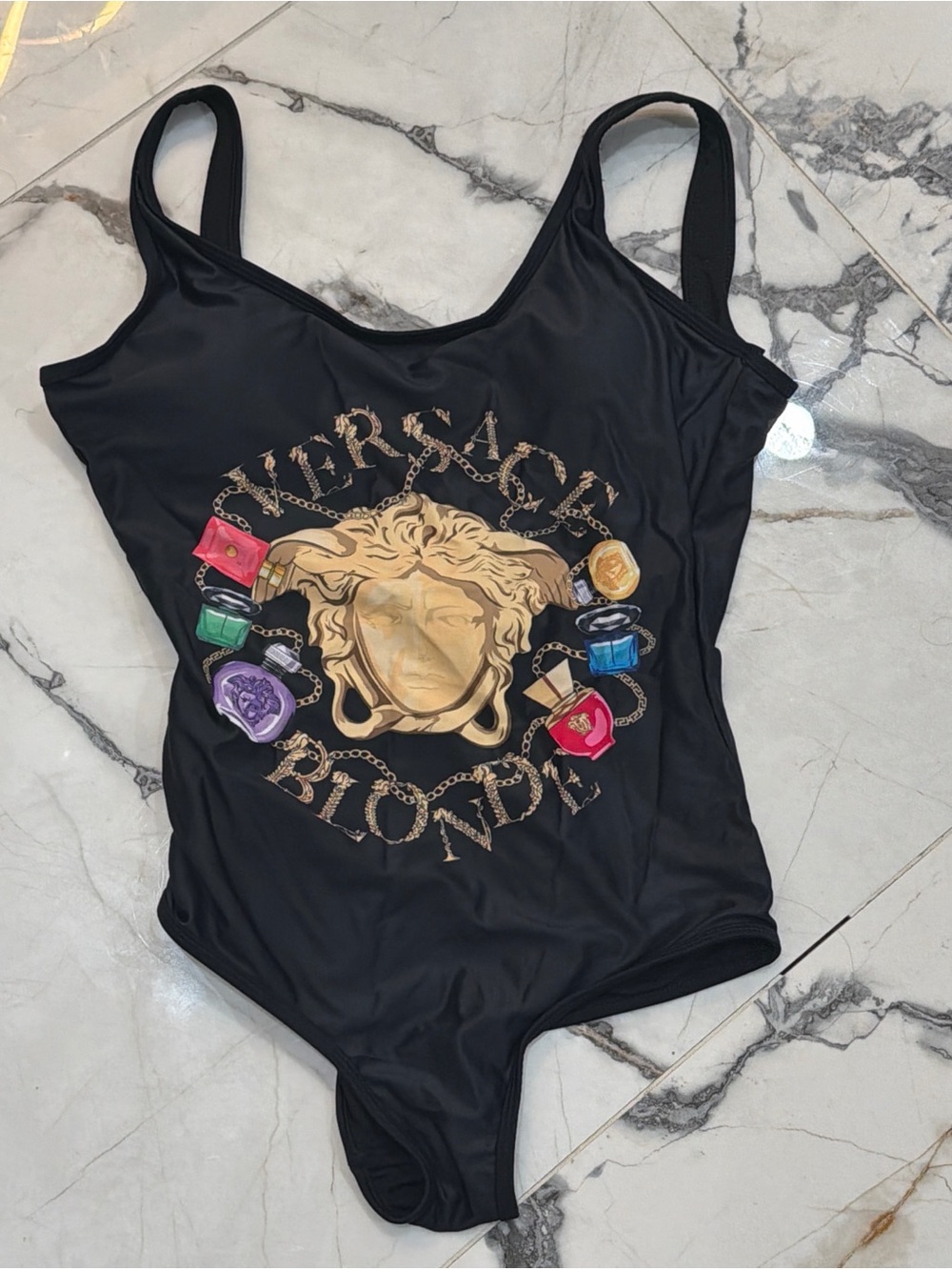 New Versace Blonde Black Logo One-Piece Swimsuit XL